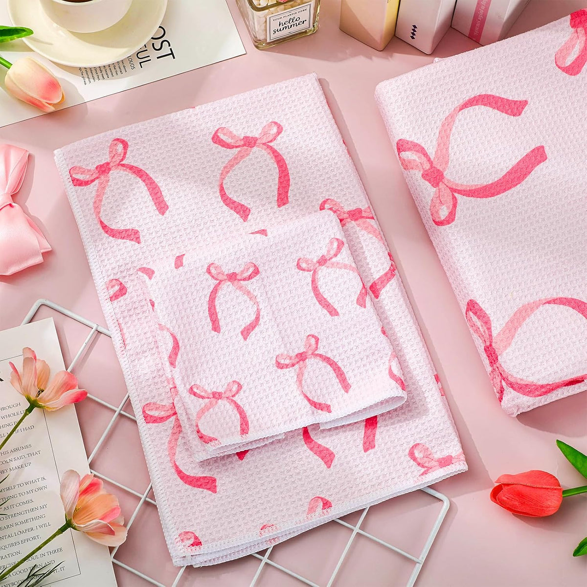 Pink Bow Bathroom Towels Set of 3 Watercolor Bowknot Coquette Absorbent Towels Bath Hand Towel Wash Cloth for Beach Swim Shower Drying