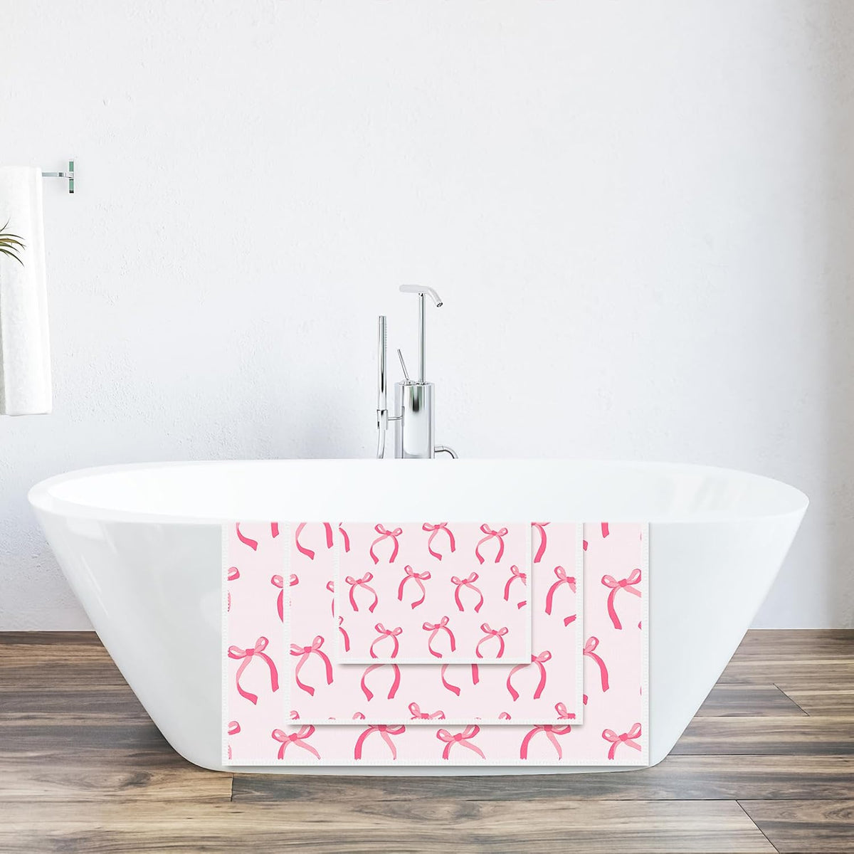 Pink Bow Bathroom Towels Set of 3 Watercolor Bowknot Coquette Absorbent Towels Bath Hand Towel Wash Cloth for Beach Swim Shower Drying