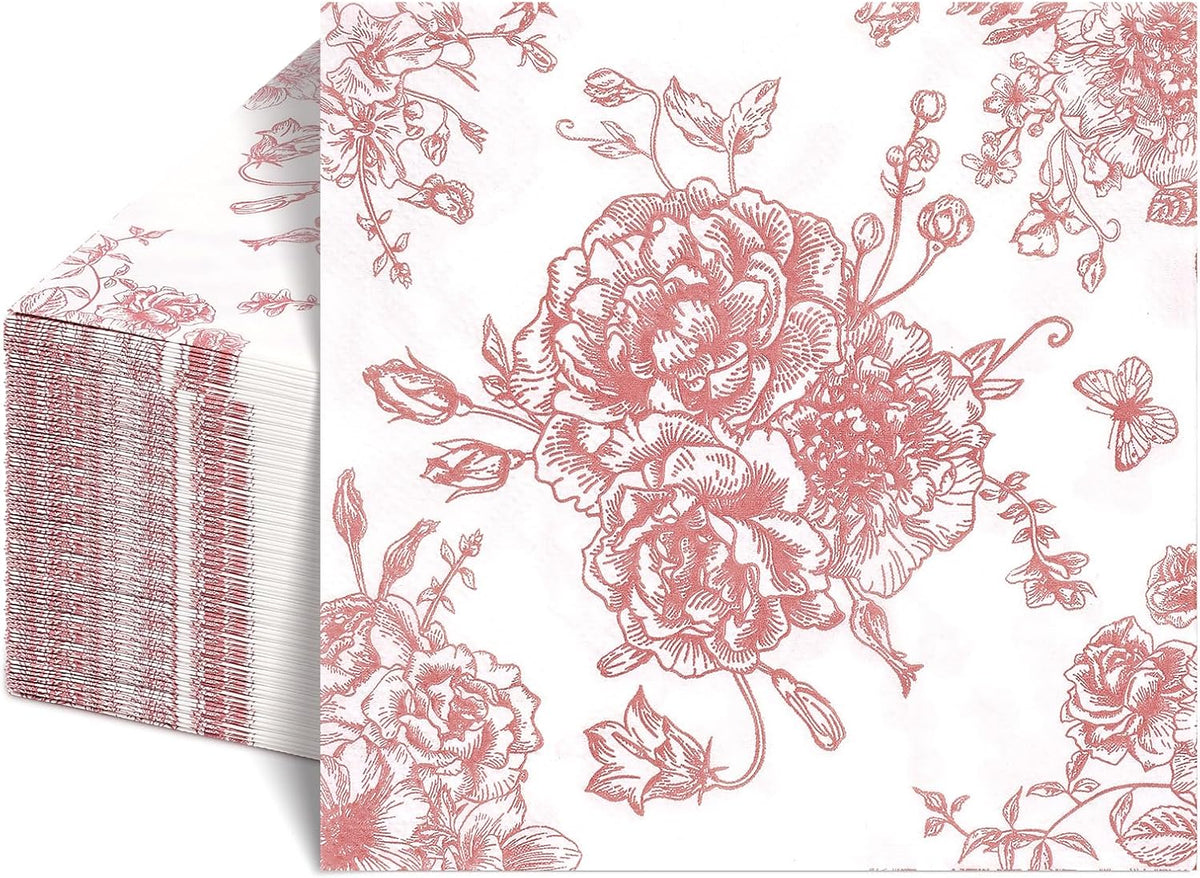 100Pc Pink Floral Napkins for Decorations Cocktail Napkins Disposable Paper Beverage Napkin Butterfly Dessert Napkin Decorative Dinner Napkin for Wedding Bridal Baby Shower Birthday Tea Party