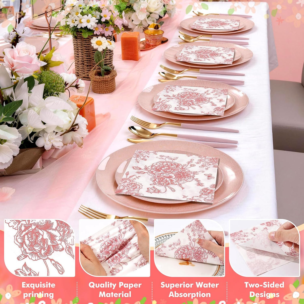 100Pc Pink Floral Napkins for Decorations Cocktail Napkins Disposable Paper Beverage Napkin Butterfly Dessert Napkin Decorative Dinner Napkin for Wedding Bridal Baby Shower Birthday Tea Party