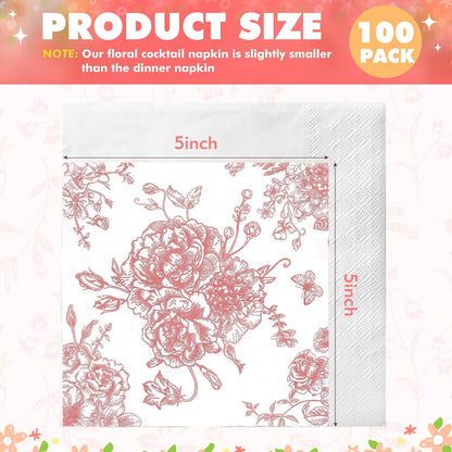100Pc Pink Floral Napkins for Decorations Cocktail Napkins Disposable Paper Beverage Napkin Butterfly Dessert Napkin Decorative Dinner Napkin for Wedding Bridal Baby Shower Birthday Tea Party