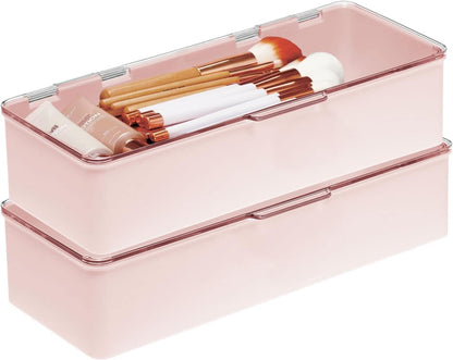 Long Plastic Cosmetic Storage Organizer Box Containers with Hinged Lid for Bedroom, Bathroom Vanity Shelf or Cabinet, Holds Masks, Palettes, Lotion, or Nail Polish, 2 Pack - Light Pink/Clear