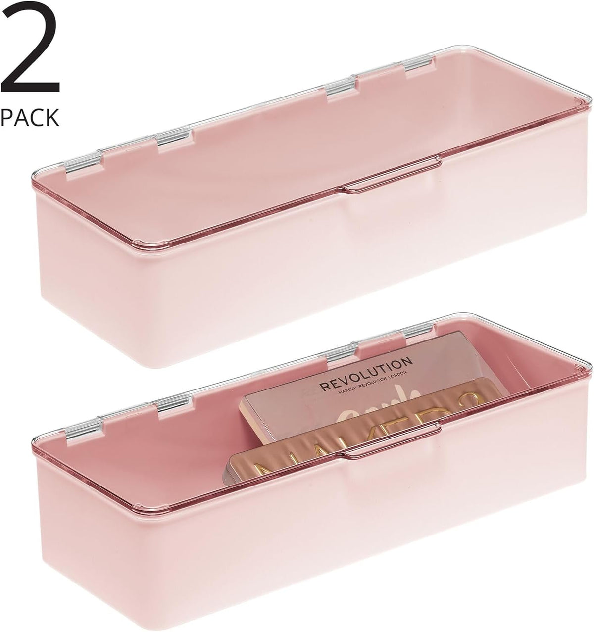 Long Plastic Cosmetic Storage Organizer Box Containers with Hinged Lid for Bedroom, Bathroom Vanity Shelf or Cabinet, Holds Masks, Palettes, Lotion, or Nail Polish, 2 Pack - Light Pink/Clear