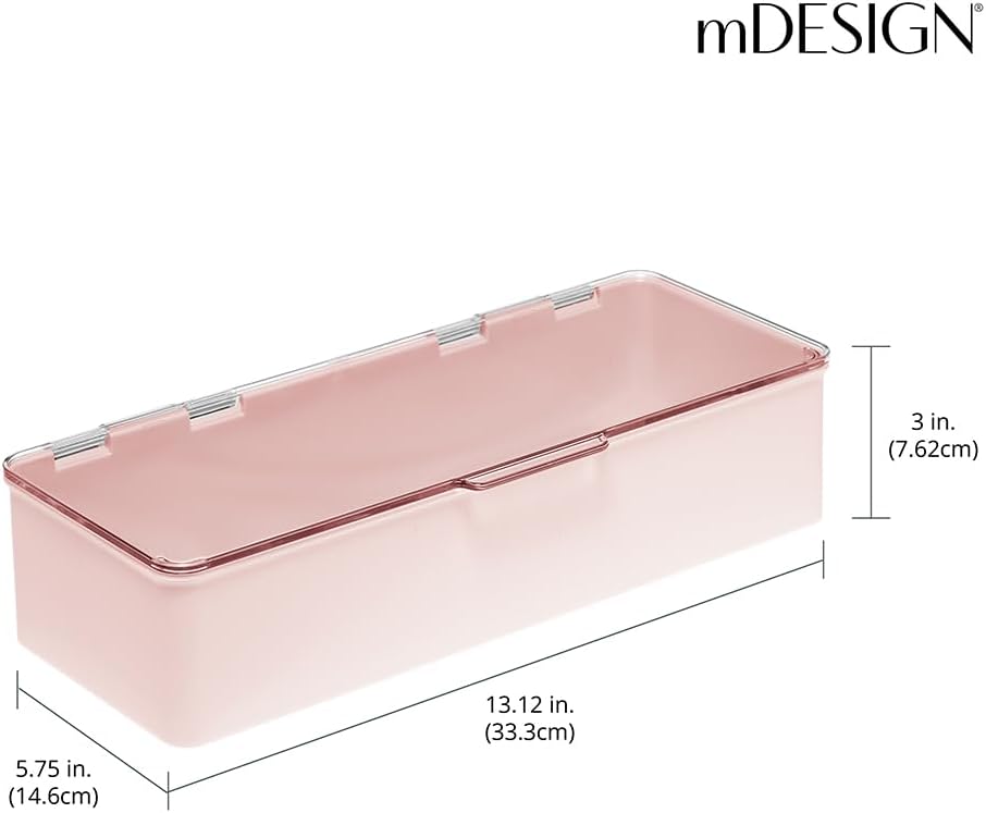 Long Plastic Cosmetic Storage Organizer Box Containers with Hinged Lid for Bedroom, Bathroom Vanity Shelf or Cabinet, Holds Masks, Palettes, Lotion, or Nail Polish, 2 Pack - Light Pink/Clear