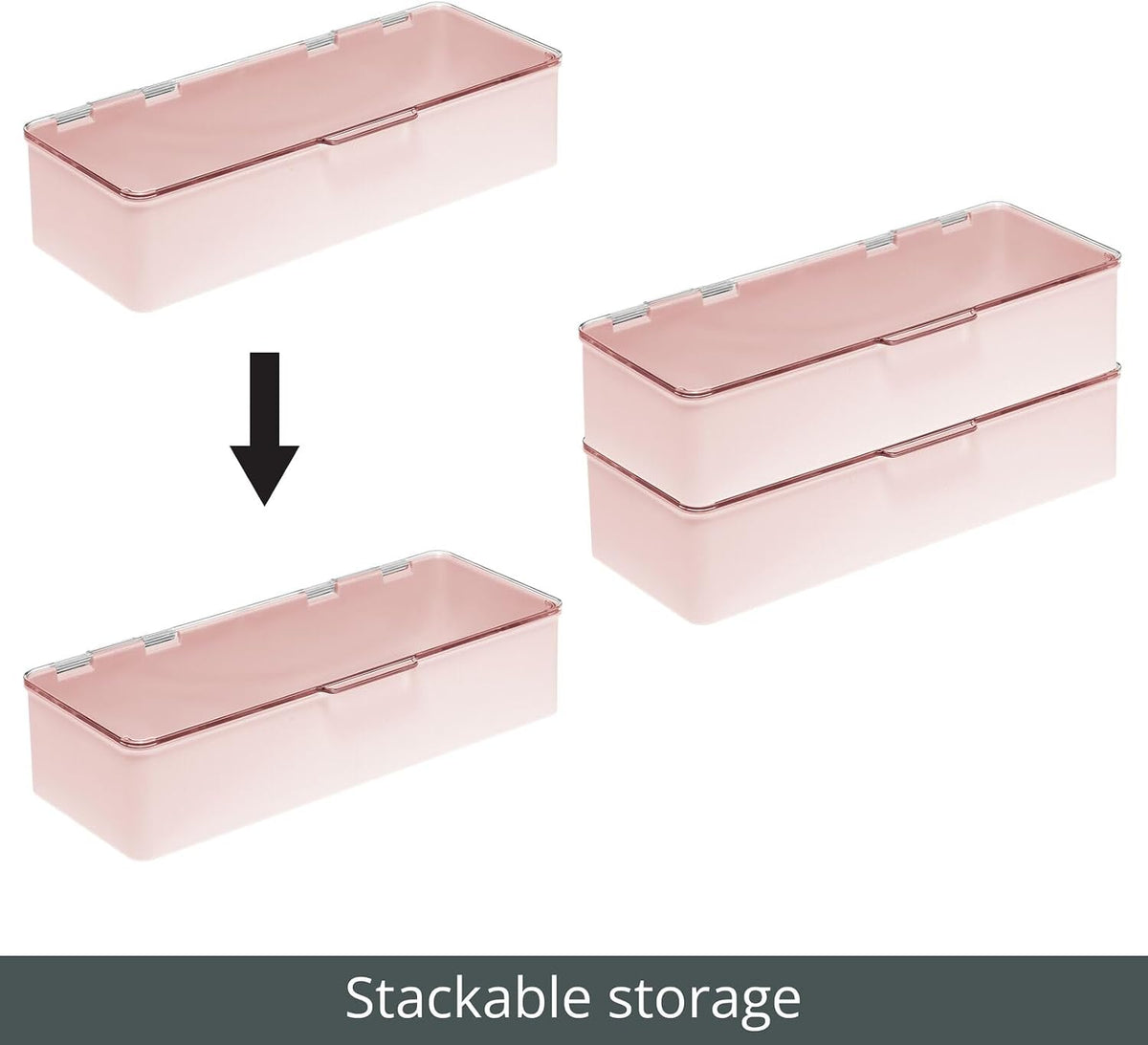 Long Plastic Cosmetic Storage Organizer Box Containers with Hinged Lid for Bedroom, Bathroom Vanity Shelf or Cabinet, Holds Masks, Palettes, Lotion, or Nail Polish, 2 Pack - Light Pink/Clear
