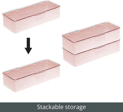 Long Plastic Cosmetic Storage Organizer Box Containers with Hinged Lid for Bedroom, Bathroom Vanity Shelf or Cabinet, Holds Masks, Palettes, Lotion, or Nail Polish, 2 Pack - Light Pink/Clear