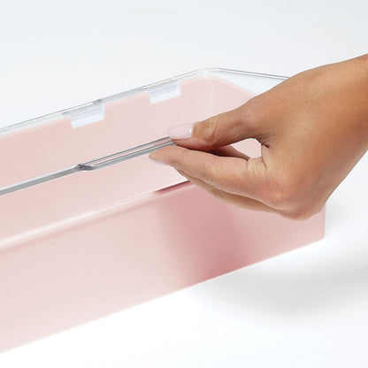 Long Plastic Cosmetic Storage Organizer Box Containers with Hinged Lid for Bedroom, Bathroom Vanity Shelf or Cabinet, Holds Masks, Palettes, Lotion, or Nail Polish, 2 Pack - Light Pink/Clear