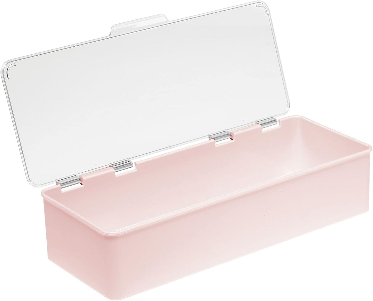 Long Plastic Cosmetic Storage Organizer Box Containers with Hinged Lid for Bedroom, Bathroom Vanity Shelf or Cabinet, Holds Masks, Palettes, Lotion, or Nail Polish, 2 Pack - Light Pink/Clear
