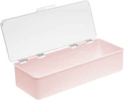 Long Plastic Cosmetic Storage Organizer Box Containers with Hinged Lid for Bedroom, Bathroom Vanity Shelf or Cabinet, Holds Masks, Palettes, Lotion, or Nail Polish, 2 Pack - Light Pink/Clear