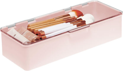 Long Plastic Cosmetic Storage Organizer Box Containers with Hinged Lid for Bedroom, Bathroom Vanity Shelf or Cabinet, Holds Masks, Palettes, Lotion, or Nail Polish, 2 Pack - Light Pink/Clear