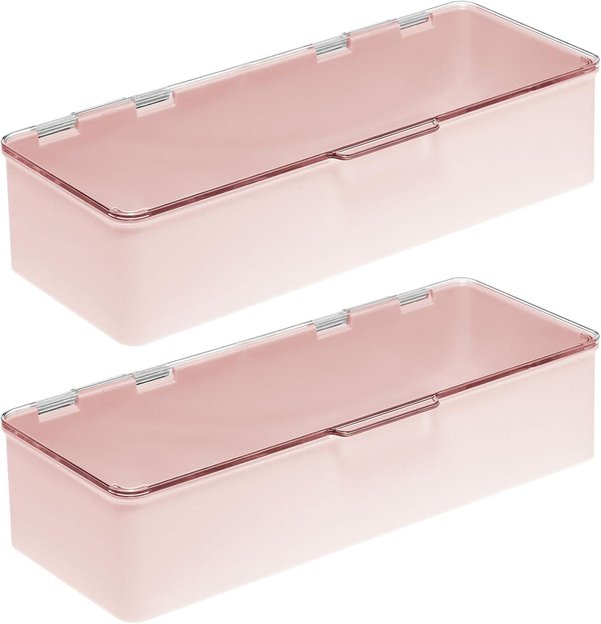 Long Plastic Cosmetic Storage Organizer Box Containers with Hinged Lid for Bedroom, Bathroom Vanity Shelf or Cabinet, Holds Masks, Palettes, Lotion, or Nail Polish, 2 Pack - Light Pink/Clear