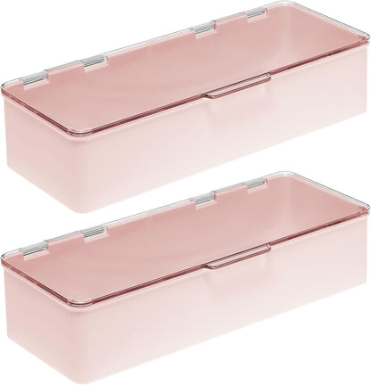 Long Plastic Cosmetic Storage Organizer Box Containers with Hinged Lid for Bedroom, Bathroom Vanity Shelf or Cabinet, Holds Masks, Palettes, Lotion, or Nail Polish, 2 Pack - Light Pink/Clear