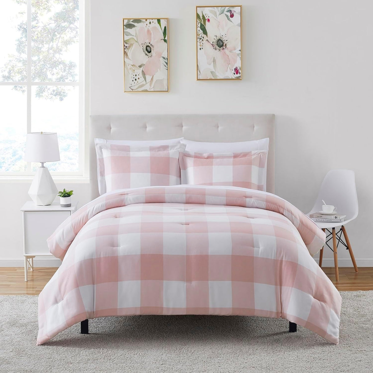 Twin Comforter Set with Sheets - 5-Piece Bedding Collection - 1 Comforter, 1 Fitted Sheet, 1 Flat, 2 Pillowcases - Deep Pocket - Soft & Premium Quality - Ideal for All Seasons, Checkered Box Blush