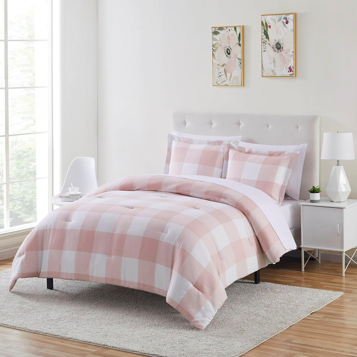 Twin Comforter Set with Sheets - 5-Piece Bedding Collection - 1 Comforter, 1 Fitted Sheet, 1 Flat, 2 Pillowcases - Deep Pocket - Soft & Premium Quality - Ideal for All Seasons, Checkered Box Blush