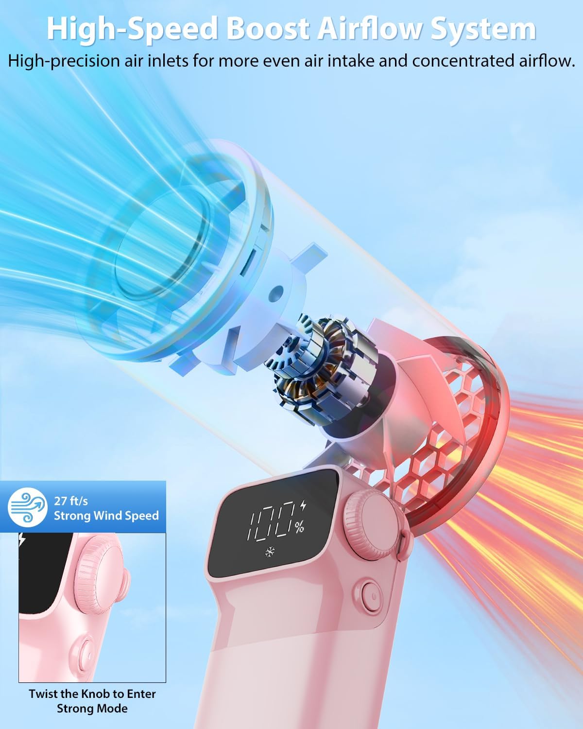 Portable Handheld Fan Rechargeable Foldable Personal Fan Pink