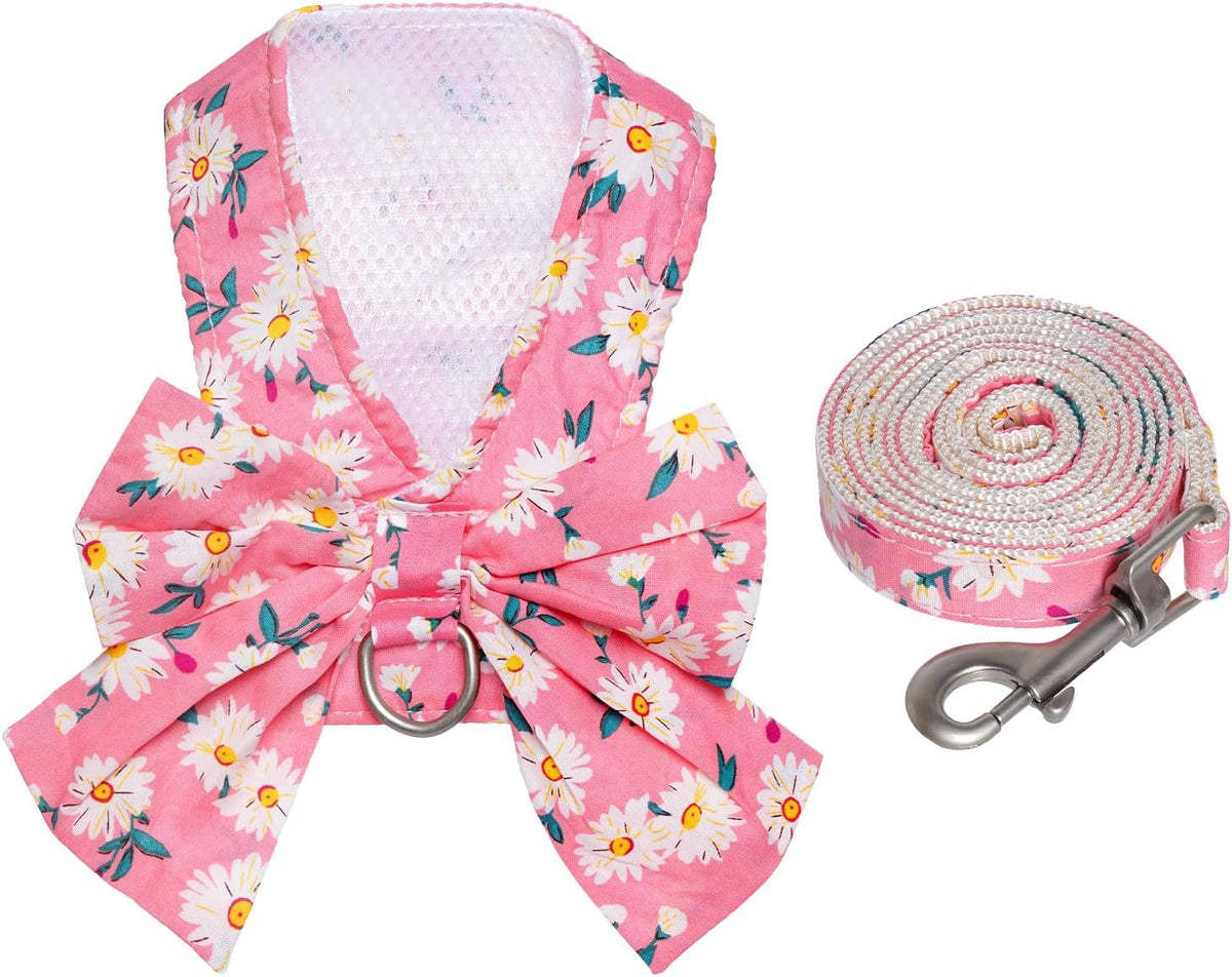 Dog Harness and Leash Set Adjustable Puppy Harness Mesh Vest Set Bow Knot Pet Clothes for Small Girl Dog Cat Summer (Pink, X-Small)