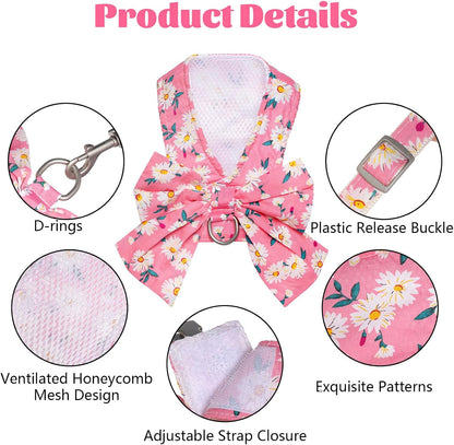 Dog Harness and Leash Set Adjustable Puppy Harness Mesh Vest Set Bow Knot Pet Clothes for Small Girl Dog Cat Summer (Pink, X-Small)