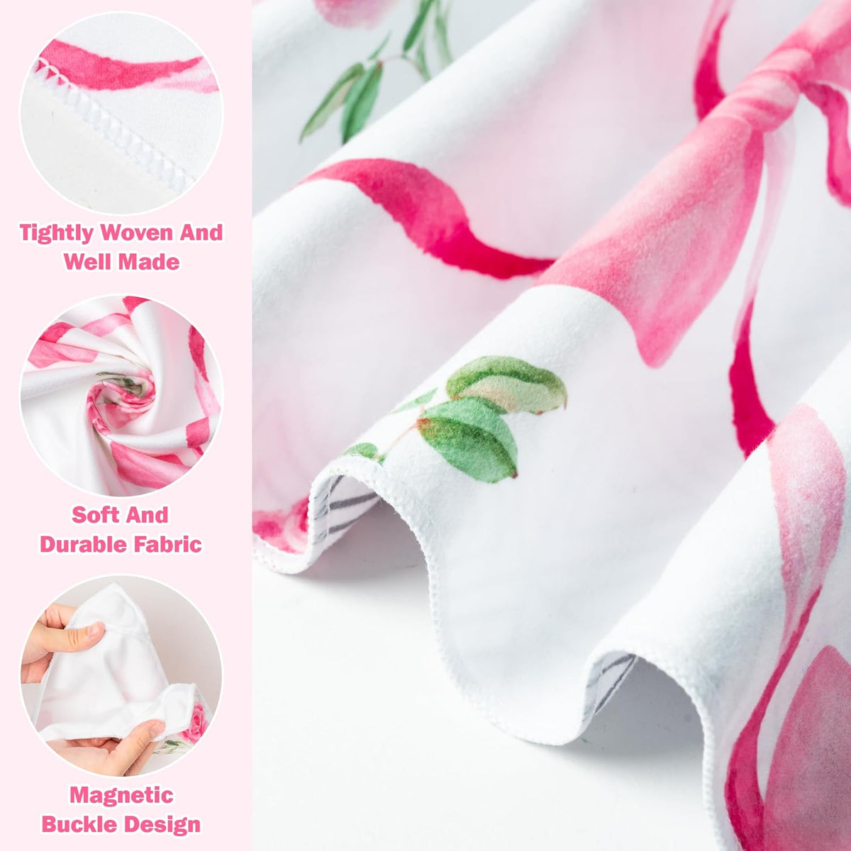 Coquette Pink Bow Rose Magnetic Beach Towel - 74.8"x30" Sand Free Quick Dry Microfiber Towel with Built-in Magnets Lightweight for Beach Chair Car Door Pool Travel Yoga with Storage Bag