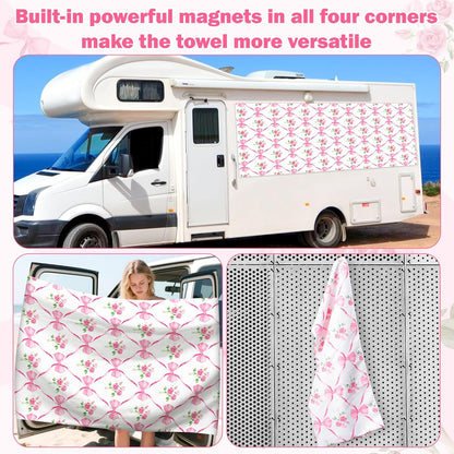 Coquette Pink Bow Rose Magnetic Beach Towel - 74.8"x30" Sand Free Quick Dry Microfiber Towel with Built-in Magnets Lightweight for Beach Chair Car Door Pool Travel Yoga with Storage Bag