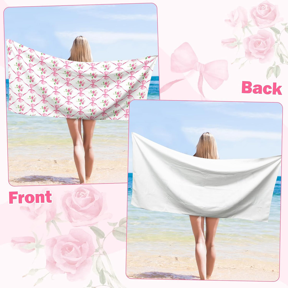 Coquette Pink Bow Rose Magnetic Beach Towel - 74.8"x30" Sand Free Quick Dry Microfiber Towel with Built-in Magnets Lightweight for Beach Chair Car Door Pool Travel Yoga with Storage Bag