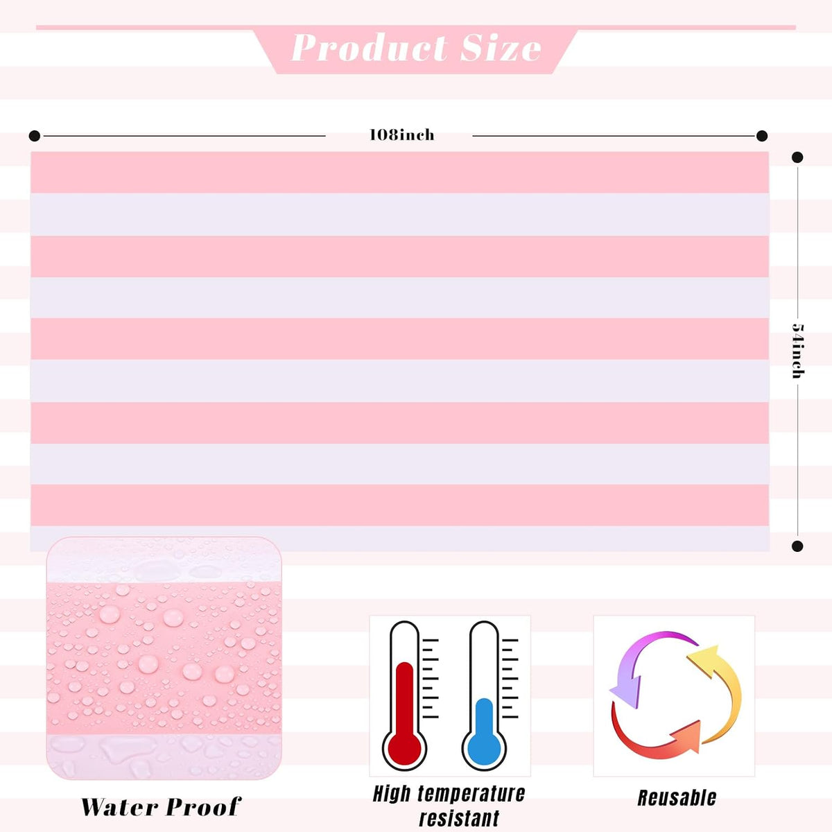 Kesfey Pink Striped Tablecloth Picnic Vertical Stripe Table Cover 3 Packs