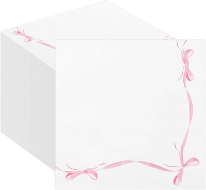 50 Pcs Pink Bow Paper Napkins Bachelorette Decorations Bow Theme Birthday Party, Bridal Engagement Decor, Girl Baby Shower Table Decor Party Supplies，6.5"*6.5"