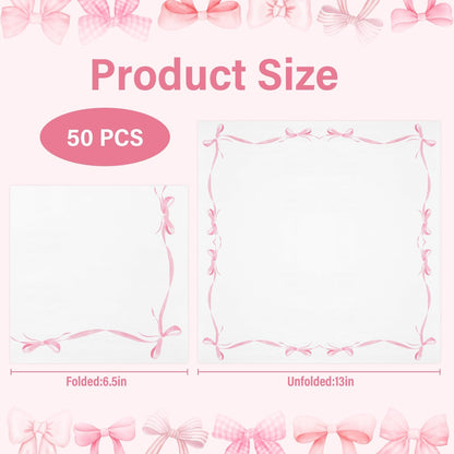 50 Pcs Pink Bow Paper Napkins Bachelorette Decorations Bow Theme Birthday Party, Bridal Engagement Decor, Girl Baby Shower Table Decor Party Supplies，6.5"*6.5"