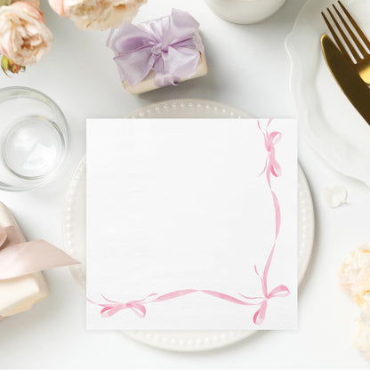 50 Pcs Pink Bow Paper Napkins Bachelorette Decorations Bow Theme Birthday Party, Bridal Engagement Decor, Girl Baby Shower Table Decor Party Supplies，6.5"*6.5"