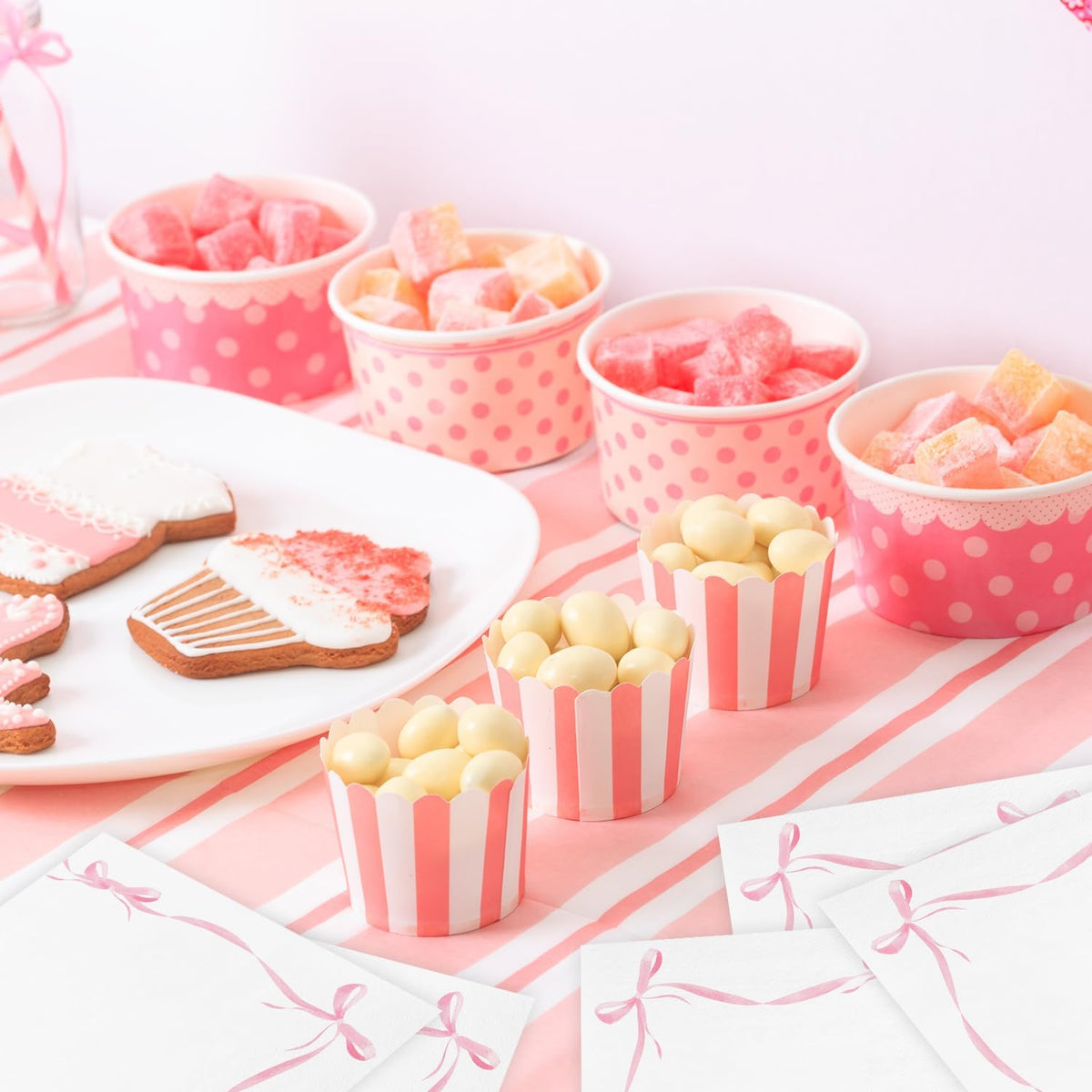 50 Pcs Pink Bow Paper Napkins Bachelorette Decorations Bow Theme Birthday Party, Bridal Engagement Decor, Girl Baby Shower Table Decor Party Supplies，6.5"*6.5"