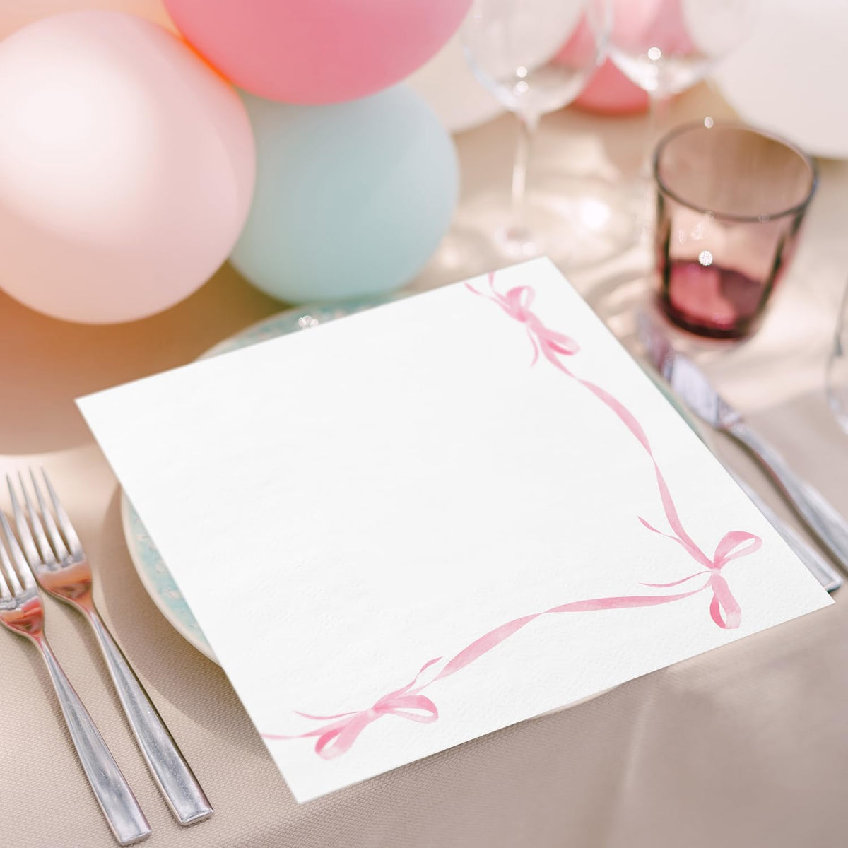 50 Pcs Pink Bow Paper Napkins Bachelorette Decorations Bow Theme Birthday Party, Bridal Engagement Decor, Girl Baby Shower Table Decor Party Supplies，6.5"*6.5"