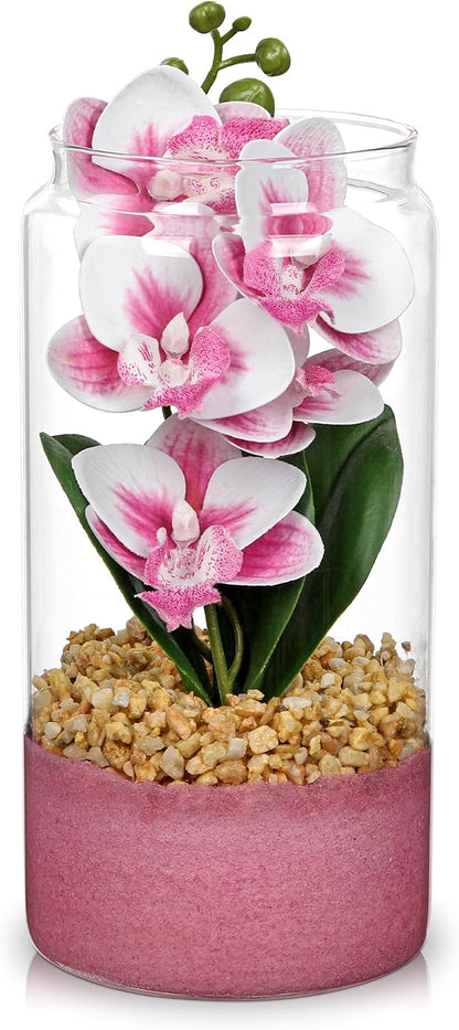 Pink Orchids Artificial Flowers with Vase, Small Faux Orchid Arrangement Fake Orchids Plant in Terrarium Jar Small Pink Orchid Centerpieces for Kitchen Dining Room Tables Bathroom Nightstand Decor