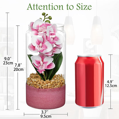 Pink Orchids Artificial Flowers with Vase, Small Faux Orchid Arrangement Fake Orchids Plant in Terrarium Jar Small Pink Orchid Centerpieces for Kitchen Dining Room Tables Bathroom Nightstand Decor