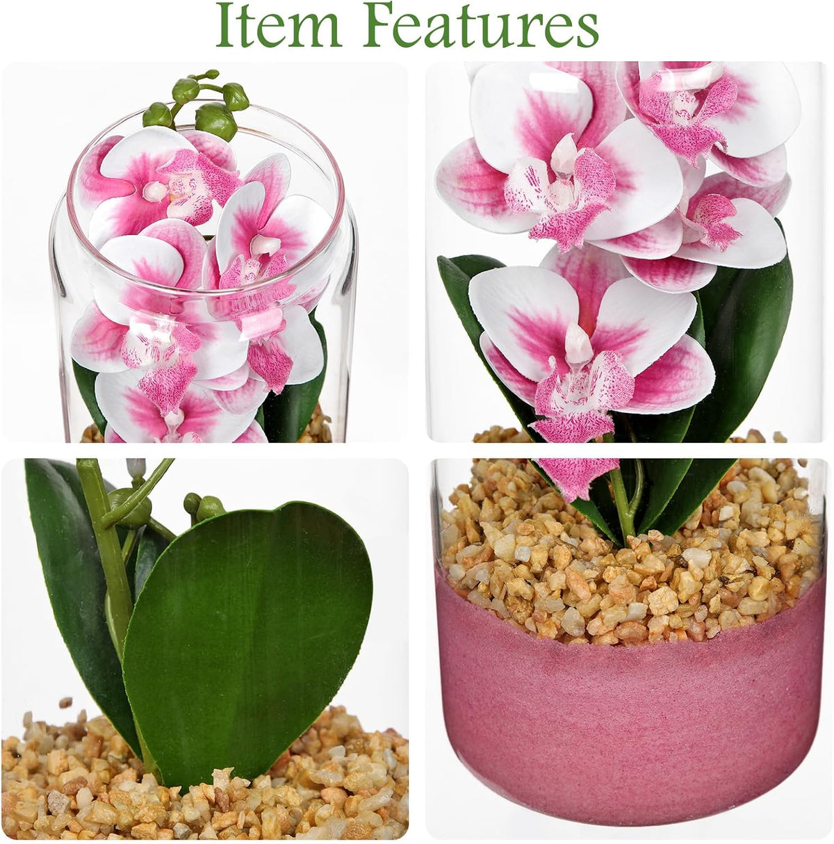 Pink Orchids Artificial Flowers with Vase, Small Faux Orchid Arrangement Fake Orchids Plant in Terrarium Jar Small Pink Orchid Centerpieces for Kitchen Dining Room Tables Bathroom Nightstand Decor