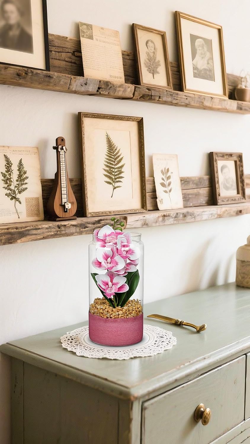 Pink Orchids Artificial Flowers with Vase, Small Faux Orchid Arrangement Fake Orchids Plant in Terrarium Jar Small Pink Orchid Centerpieces for Kitchen Dining Room Tables Bathroom Nightstand Decor