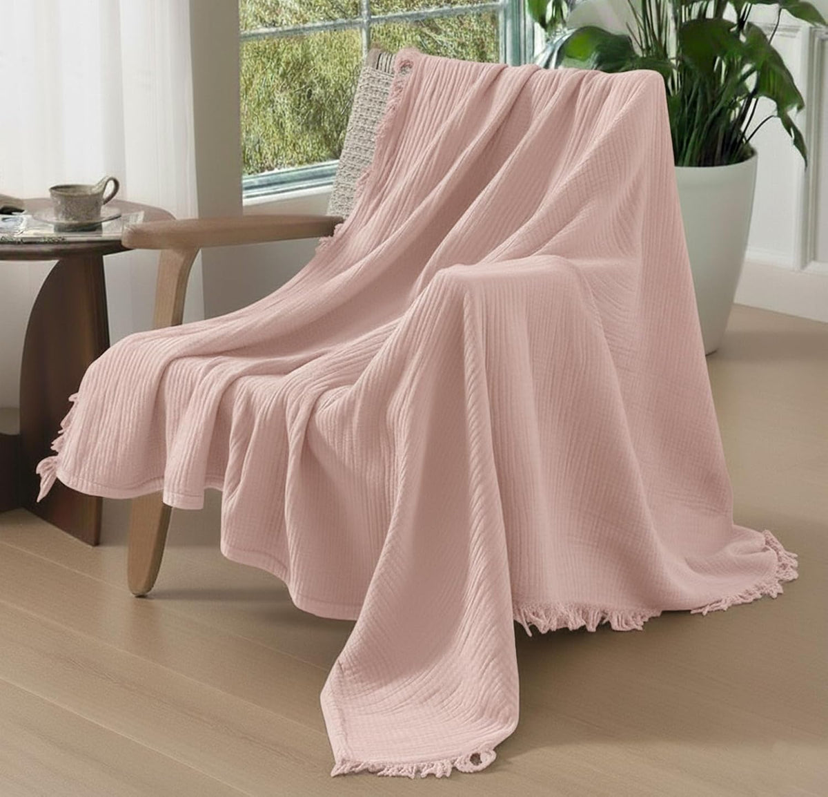 100% Organic Cotton Muslin Blankets for Adults, Girls, 60"x80", Plant Dyed, Breathable Lightweight Gauze Summer Throw Blankets for Couch, Napping, All Season (Soft Pink)