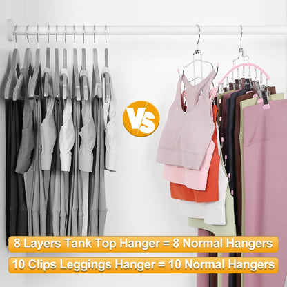 4 Pack Gym Clothes Organizer, 2 Pack Tank Top Hangers with 2 Pack Leggings Hangers Space Saving Hang 20 Sets Tank Top Bra with Leggings Shorts Pants for Closet Women Pink CT78P