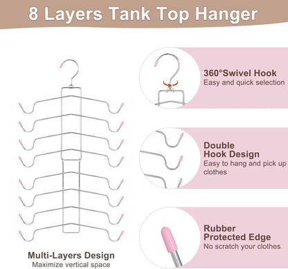 4 Pack Gym Clothes Organizer, 2 Pack Tank Top Hangers with 2 Pack Leggings Hangers Space Saving Hang 20 Sets Tank Top Bra with Leggings Shorts Pants for Closet Women Pink CT78P