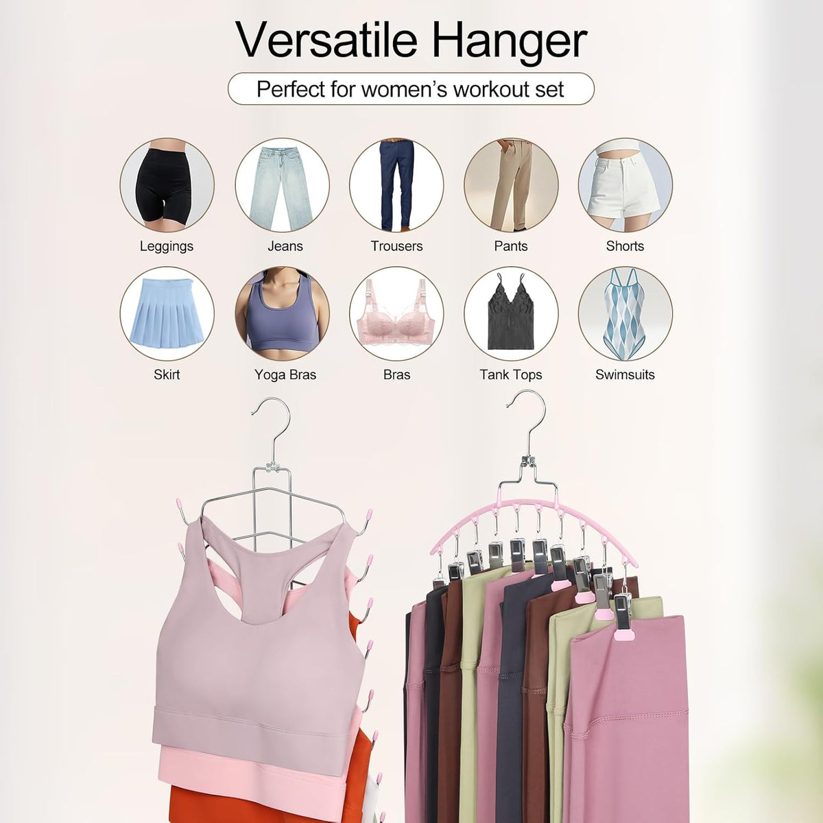 4 Pack Gym Clothes Organizer, 2 Pack Tank Top Hangers with 2 Pack Leggings Hangers Space Saving Hang 20 Sets Tank Top Bra with Leggings Shorts Pants for Closet Women Pink CT78P