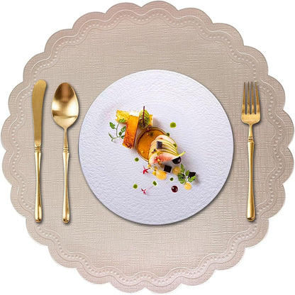 Round Placemats Set of 6, 15 Inch Scalloped PU Faux Leather Easy Wipe Kitchen Dining Mats (Nude Pink Gold)