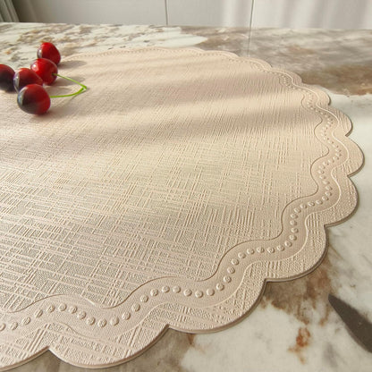 Round Placemats Set of 6, 15 Inch Scalloped PU Faux Leather Easy Wipe Kitchen Dining Mats (Nude Pink Gold)