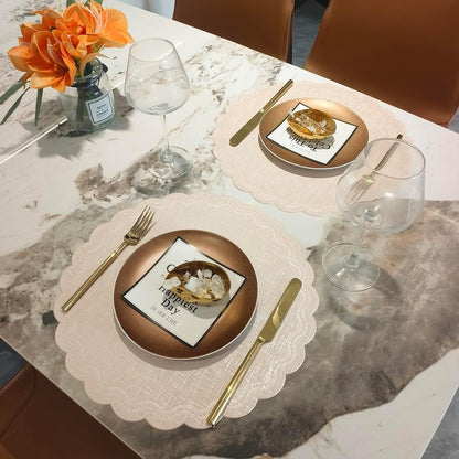 Round Placemats Set of 6, 15 Inch Scalloped PU Faux Leather Easy Wipe Kitchen Dining Mats (Nude Pink Gold)