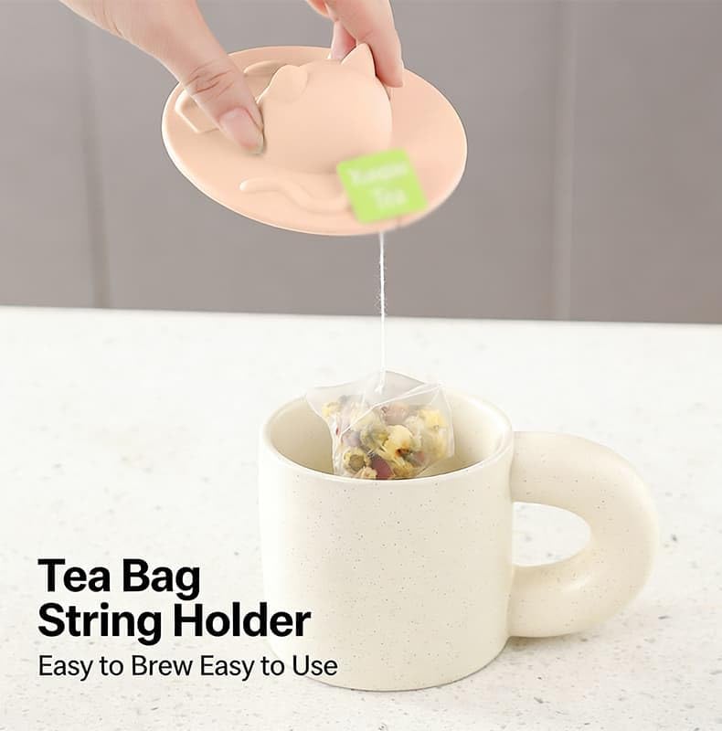 Silicone Tea Bag Holder,Tea Bag Mug Topper,Cat-Designed Cup Cover with Bag Holder Mug Lid for Coffee Milk Tea Dishwasher Safe (Light Pink,2pcs)
