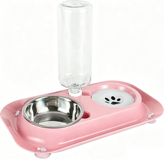 Dog Bowls, Non-Slip Puppy Cat Food and Water Bowl Set with Water Dispenser and Stainless Steel Bowl Detachable Gravity Pet Feeder and Waterer Set for Cats Dogs Puppy Rabbit (Pink, 500ML)
