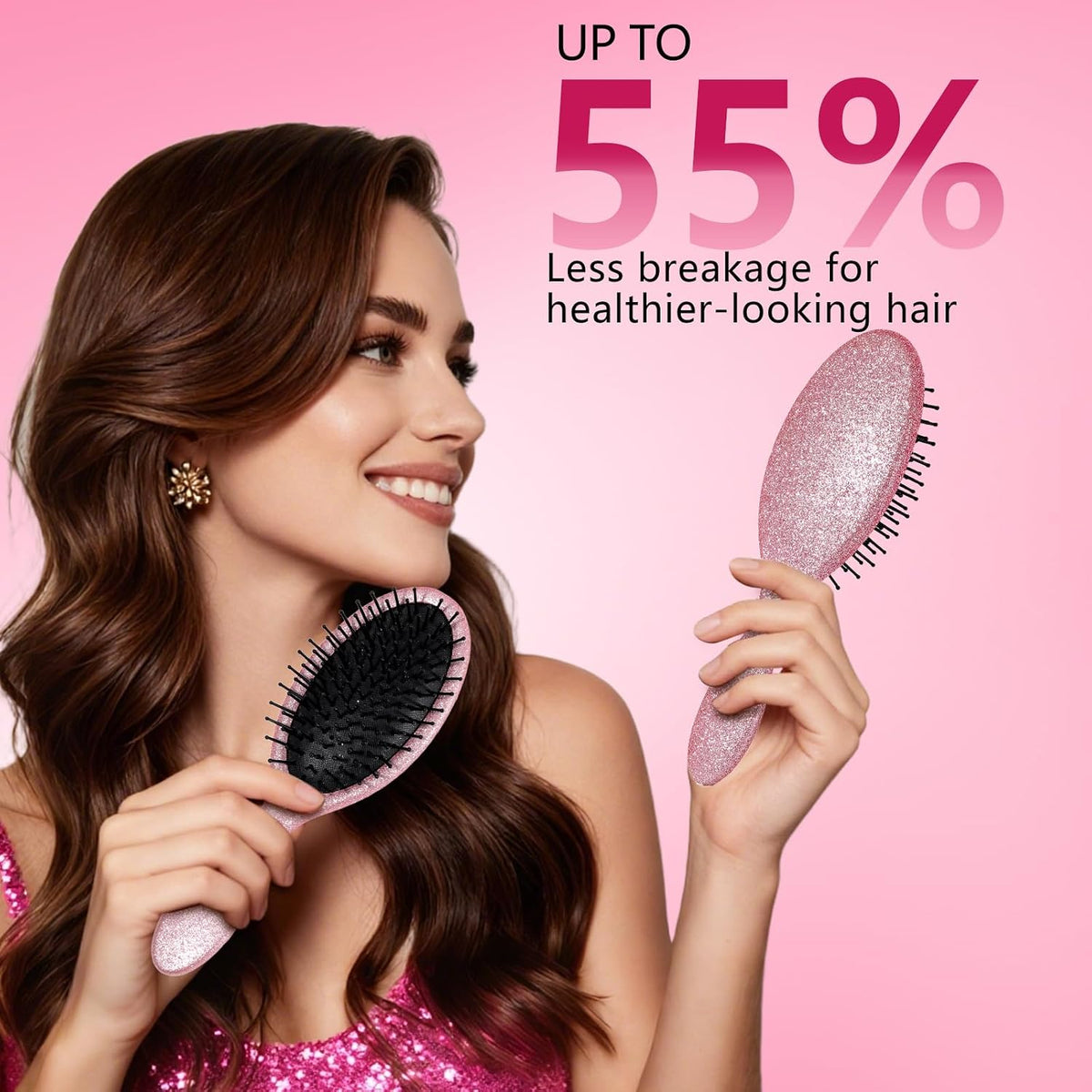 Glitter Detangling Brush, Wet & Dry Tangle-Free Hair Brush for Women & Girls, No Tangle, Soft and Flexible Bristles for Straight, Curly and Thick Hair (Pink)