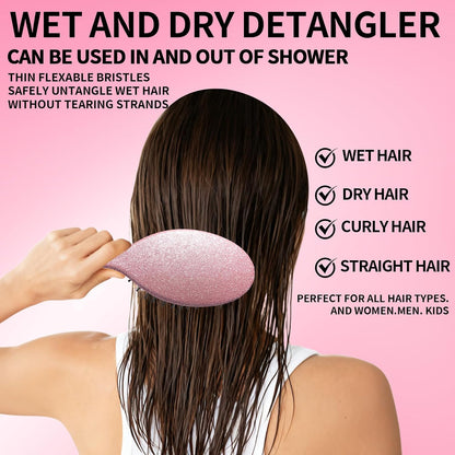 Glitter Detangling Brush, Wet & Dry Tangle-Free Hair Brush for Women & Girls, No Tangle, Soft and Flexible Bristles for Straight, Curly and Thick Hair (Pink)