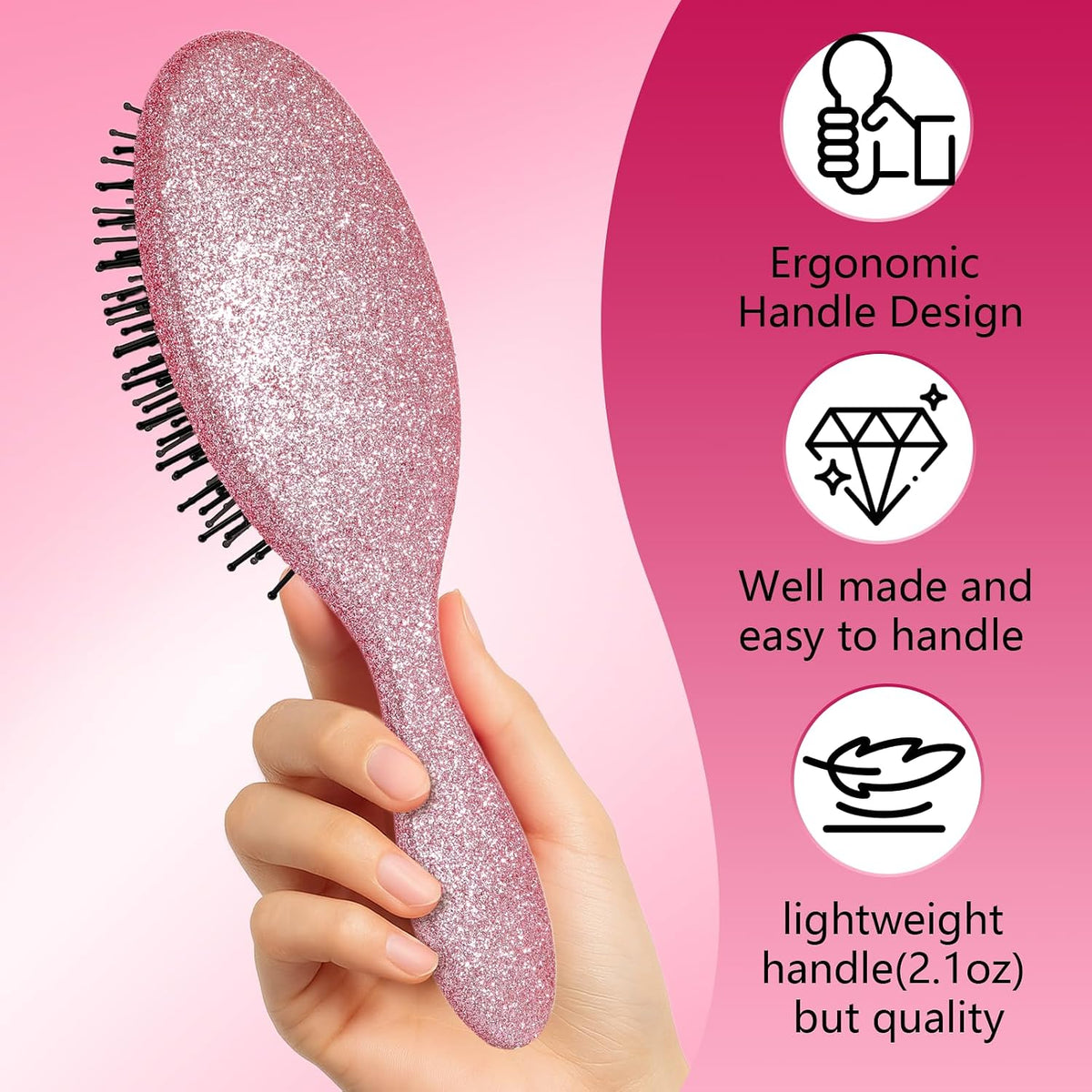 Glitter Detangling Brush, Wet & Dry Tangle-Free Hair Brush for Women & Girls, No Tangle, Soft and Flexible Bristles for Straight, Curly and Thick Hair (Pink)