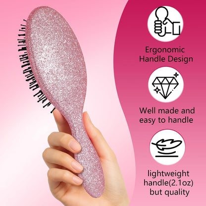 Glitter Detangling Brush, Wet & Dry Tangle-Free Hair Brush for Women & Girls, No Tangle, Soft and Flexible Bristles for Straight, Curly and Thick Hair (Pink)