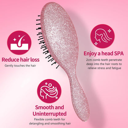 Glitter Detangling Brush, Wet & Dry Tangle-Free Hair Brush for Women & Girls, No Tangle, Soft and Flexible Bristles for Straight, Curly and Thick Hair (Pink)