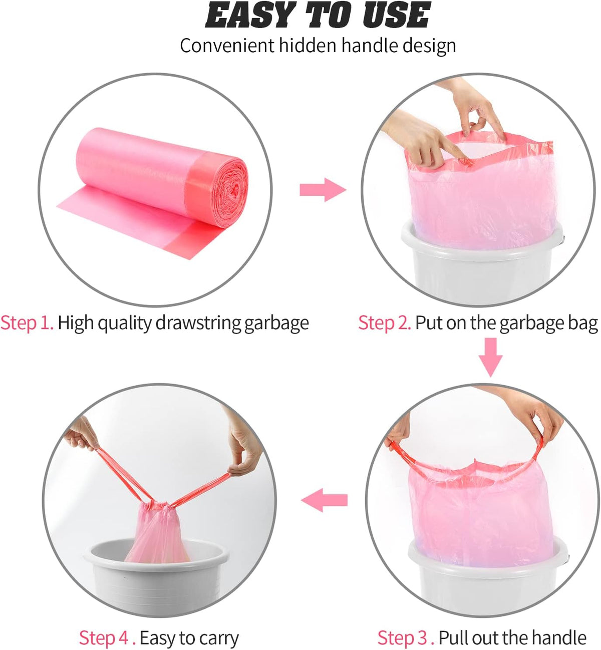4 Gallon Drawstring Garbage Bags, 3 rolls/60 Counts(Pink)