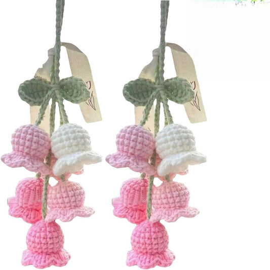 2Pcs Car Decorations Car Hanging Ornaments, Crochet Flowers Bag Charms Decor Cars Rear View Mirror Accessories Hand Knitted Crochet Flower Decor, for Room Backpack Keychain Decoration Pendant (Pink)